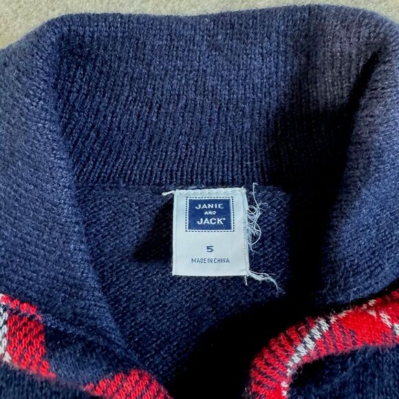 Janie and Jack navy red plaid trim knit poncho sweater Kids 5 cozy fall classic - Picture 3 of 6